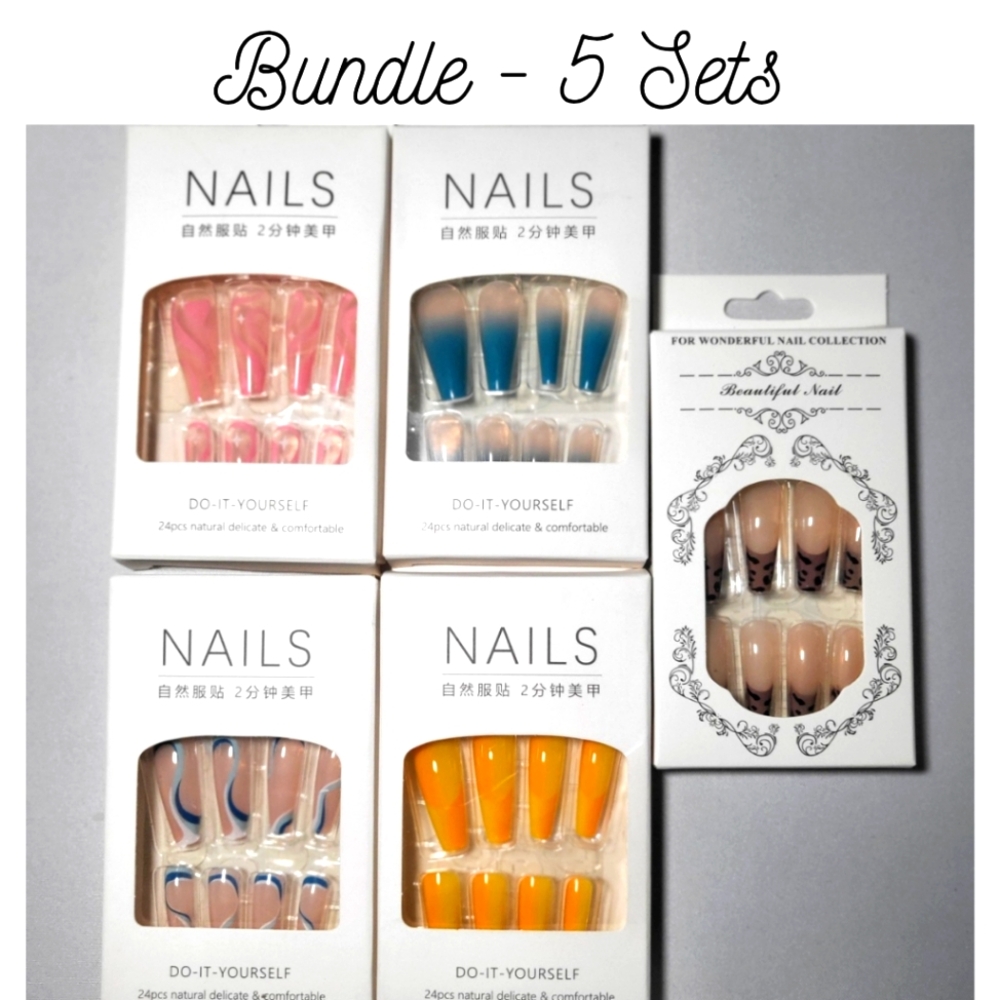 Bundle of (5) Long-Length, Coffin-Shaped Press-On Nail Sets